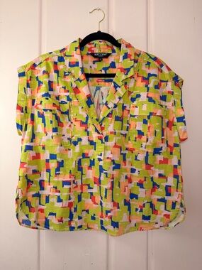 Velvet Heart  Women’s Camp Shirt Short Sleeve Collared- Lime Multi SzMedium